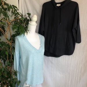 LOU & GREY lot of 2 light blue casual V neck sweater & grey XS oversized hoodie